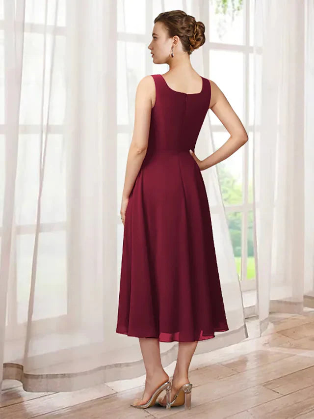 Wholesale Two Piece A-Line Mother of the Bride Dress Elegant Jewel Neck Tea Length Chiffon Lace 3/4 Length Sleeve with Appliques